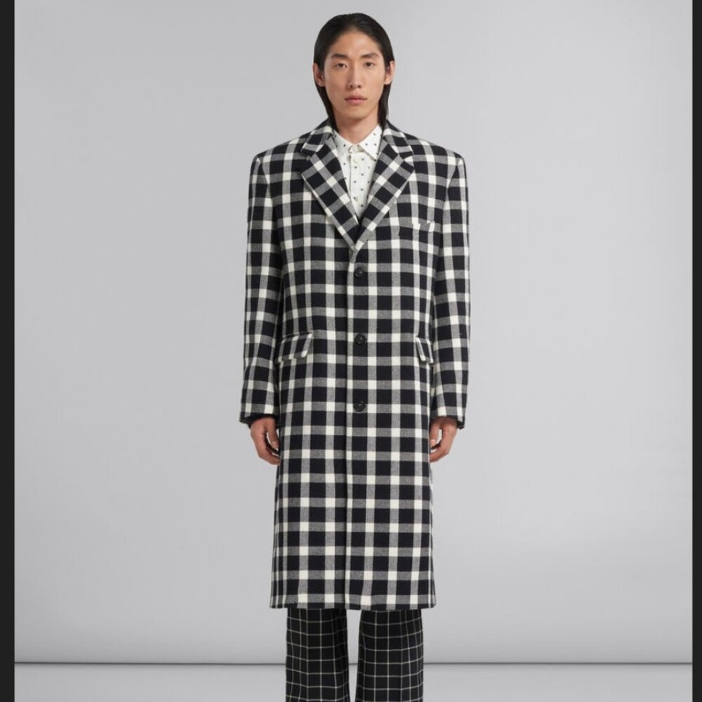 MWT Mens MARNI Black and White Check Wool Blend Topcoat